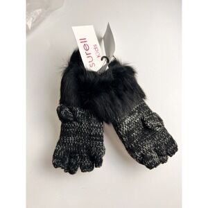 Surell Kids Rabbit Fur Trim Fingerless Gloves Gray Black NWT